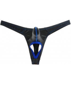 G-Strings & Thongs Men's Leather Like Long Bulge Pouch Underwear Nuts Out Thong Ball Hole T-Back - Black With Blue - CM127300YT3