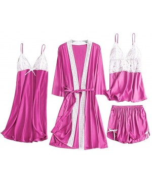 Garters & Garter Belts Women Lingerie Silk Lace Robe Dress Babydoll Nightdress Sleepwear Kimono 2 Piece Set - X02-hot Pink - ...