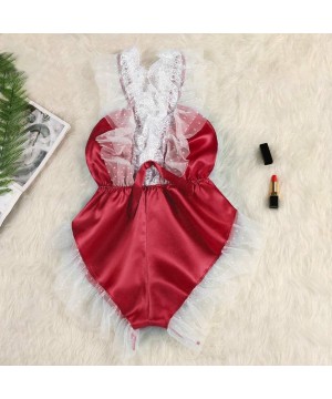 Thermal Underwear Women V-Neck Lace Sexy Satin Camisole Pajamas Bodysuit - Red - CA1979NAOWS