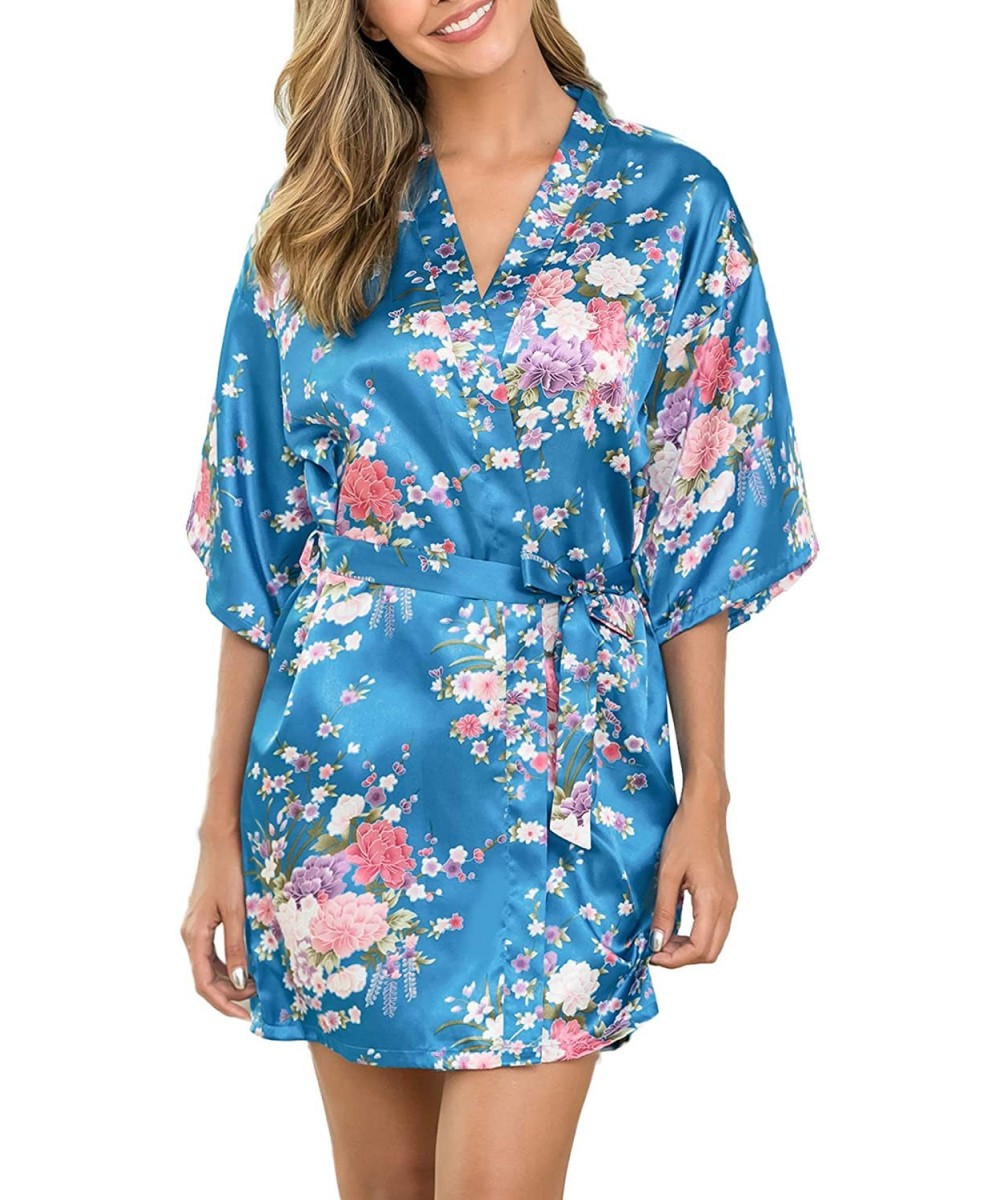 Robes Women's Floral Satin Robe Silk Bride Bridesmaid Robe for Wedding Party - Lake Blue - CP18UW38803