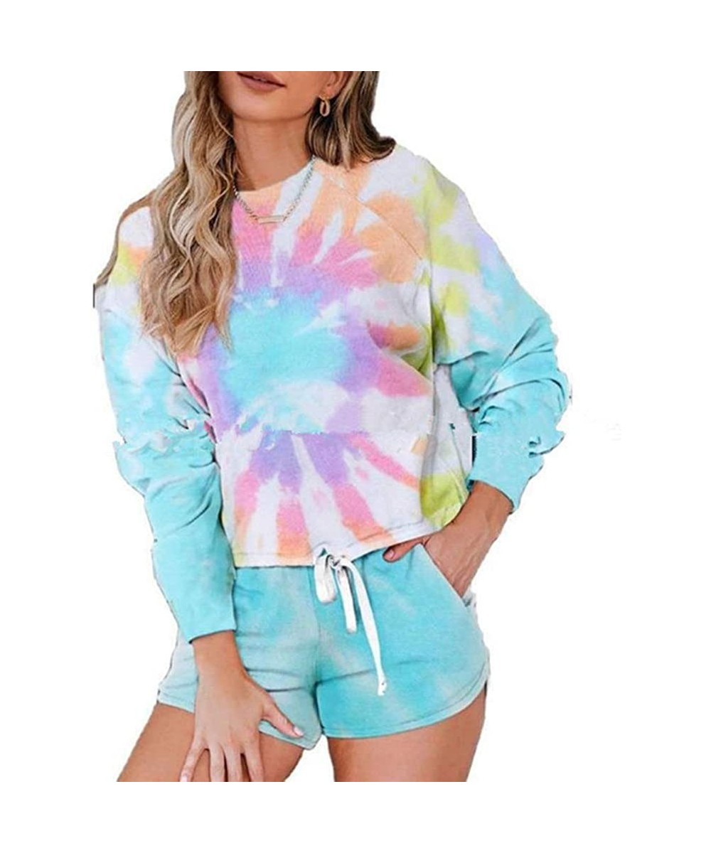 Sets Women Tie Dye 2 Piece Pajamas Set Long Sleeve Off Shoulder Sweatshirt Tops and Shorts Sleepwear Loungewear Set - Multico...