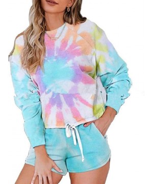 Sets Women Tie Dye 2 Piece Pajamas Set Long Sleeve Off Shoulder Sweatshirt Tops and Shorts Sleepwear Loungewear Set - Multico...