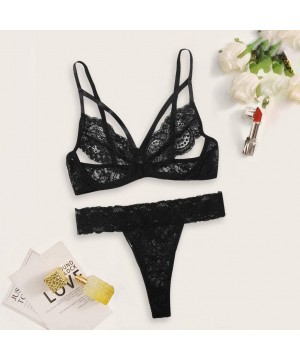 Baby Dolls & Chemises Women Sexy Lace Bra+Panty Set Bralette Lingerie 2 Piece Babydoll Bodysuit E-Scenery - Black - CV19CAMEOSC