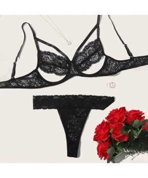 Baby Dolls & Chemises Women Sexy Lace Bra+Panty Set Bralette Lingerie 2 Piece Babydoll Bodysuit E-Scenery - Black - CV19CAMEOSC