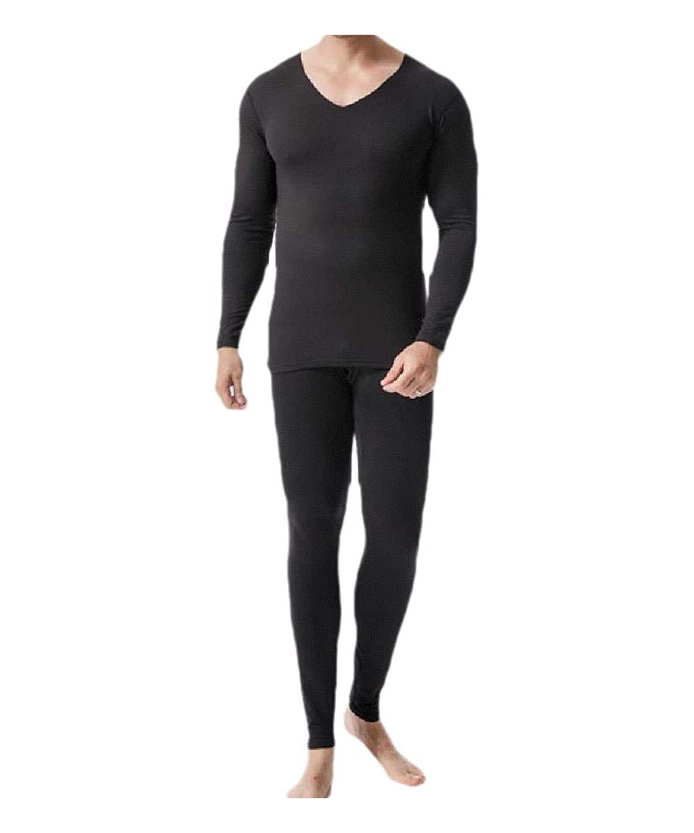 Thermal Underwear Men's Solid-Colored Mock Neck Warm Base Soft 2-Piece Thermal Underwears - Black - C419D6GM2YG