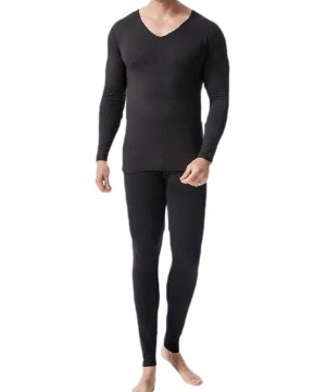 Thermal Underwear Men's Solid-Colored Mock Neck Warm Base Soft 2-Piece Thermal Underwears - Black - C419D6GM2YG