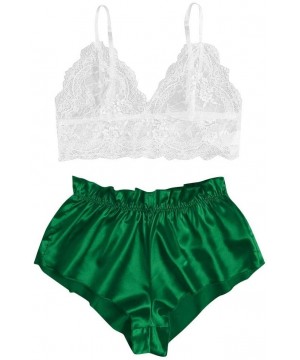 Sets Women's Plus Size Spaghetti Strap Lace Trim Bralette and Shorts Sleepwear Pajama Lingerie Set - Green - CF19DHQIM22