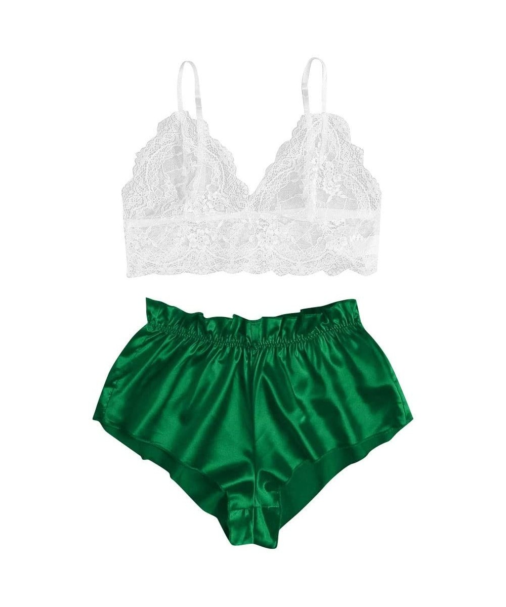 Sets Women's Plus Size Spaghetti Strap Lace Trim Bralette and Shorts Sleepwear Pajama Lingerie Set - Green - CF19DHQIM22