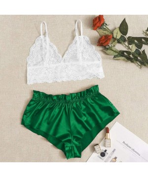 Sets Women's Plus Size Spaghetti Strap Lace Trim Bralette and Shorts Sleepwear Pajama Lingerie Set - Green - CF19DHQIM22