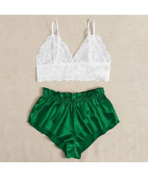 Sets Women's Plus Size Spaghetti Strap Lace Trim Bralette and Shorts Sleepwear Pajama Lingerie Set - Green - CF19DHQIM22