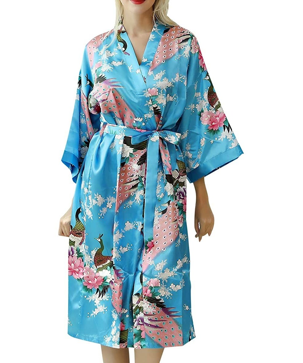 Robes Women's Floral Kimono Satin Robe V-Neck Bridesmaids Nightgown Sleepwear - Turquoise - CJ197R33202