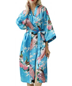 Robes Women's Floral Kimono Satin Robe V-Neck Bridesmaids Nightgown Sleepwear - Turquoise - CJ197R33202