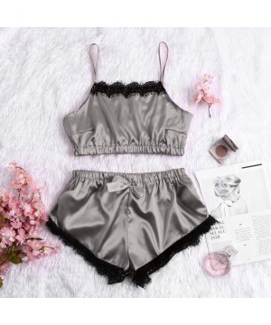 Robes Womens Sexy Satin Lace Trim Pajamas Set Underwear Lingerie Straps Bralette and Panty Set - Gray - CP194CST580