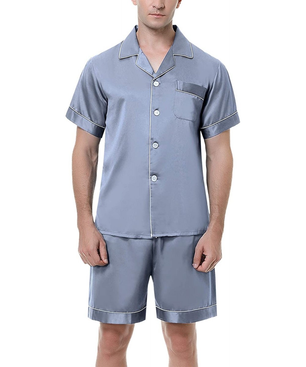 Sleep Sets Men's Satin Pajamas Sets Shorts Sleeve Button-Down PJ Sets Sleepwear Loungewear Nightwear - Grey - CR190MX73L5