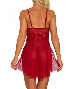 Baby Dolls & Chemises Womens V-Neck Chemise Lingerie Side Slit Sleepwear Lace Babydoll Mesh Nighty Slip Dress - Dark Red - CL...