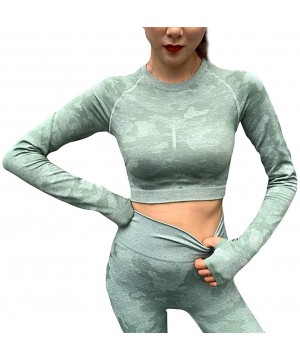 Robes Women Camouflage Short Blouse Long Sleeve Crop Top Sports Running Tops - Green - C01989UA089