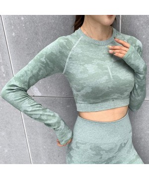 Robes Women Camouflage Short Blouse Long Sleeve Crop Top Sports Running Tops - Green - C01989UA089