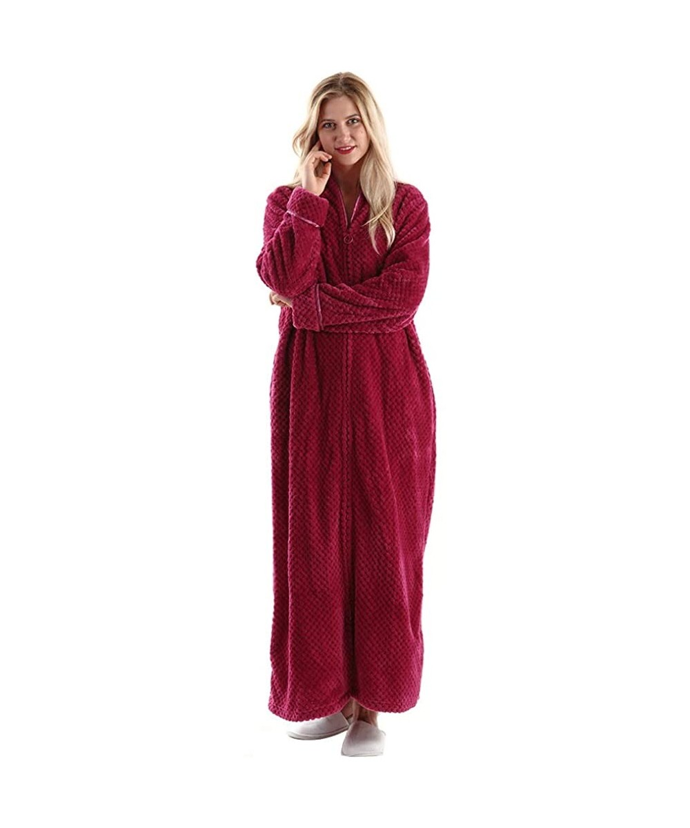 Robes Womens Fleece Warm Robe-Cozy Fluffy Long Bathrobe-Plush Night Dressing Robes for Women - No Hood-rose Red - CT18DN8H22M