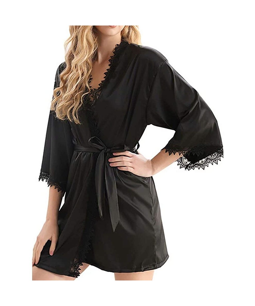 Robes Women's Sexy Bathrobe ice Silk wrap Robes Summer Sleepwear Black - CT19CMG85TE