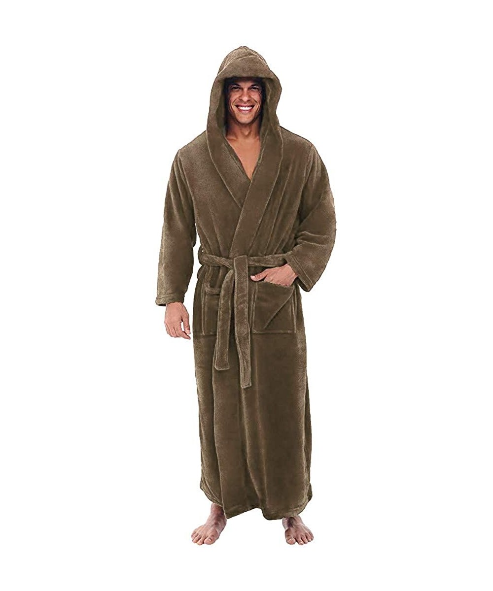 Robes Men's Robe with Hood Big and Tall Full Length Sherpa Contrast Fleece Warm Bathrobe with Pockets - Khaki - CF192ON2CHO