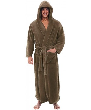 Robes Men's Robe with Hood Big and Tall Full Length Sherpa Contrast Fleece Warm Bathrobe with Pockets - Khaki - CF192ON2CHO