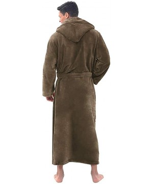 Robes Men's Robe with Hood Big and Tall Full Length Sherpa Contrast Fleece Warm Bathrobe with Pockets - Khaki - CF192ON2CHO