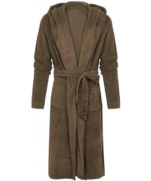 Robes Men's Robe with Hood Big and Tall Full Length Sherpa Contrast Fleece Warm Bathrobe with Pockets - Khaki - CF192ON2CHO