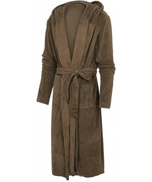 Robes Men's Robe with Hood Big and Tall Full Length Sherpa Contrast Fleece Warm Bathrobe with Pockets - Khaki - CF192ON2CHO