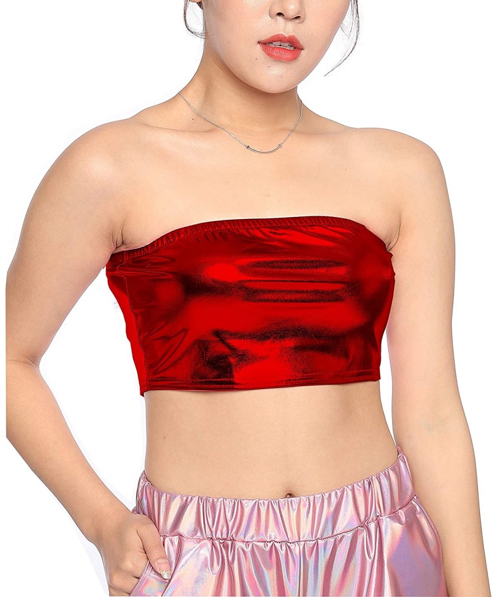 Camisoles & Tanks Sexy Holographic Metallic Tube Tops Sparkly Bandeau Top Bra High Cutout Strapless Vest Clubwear - Red - CJ1...