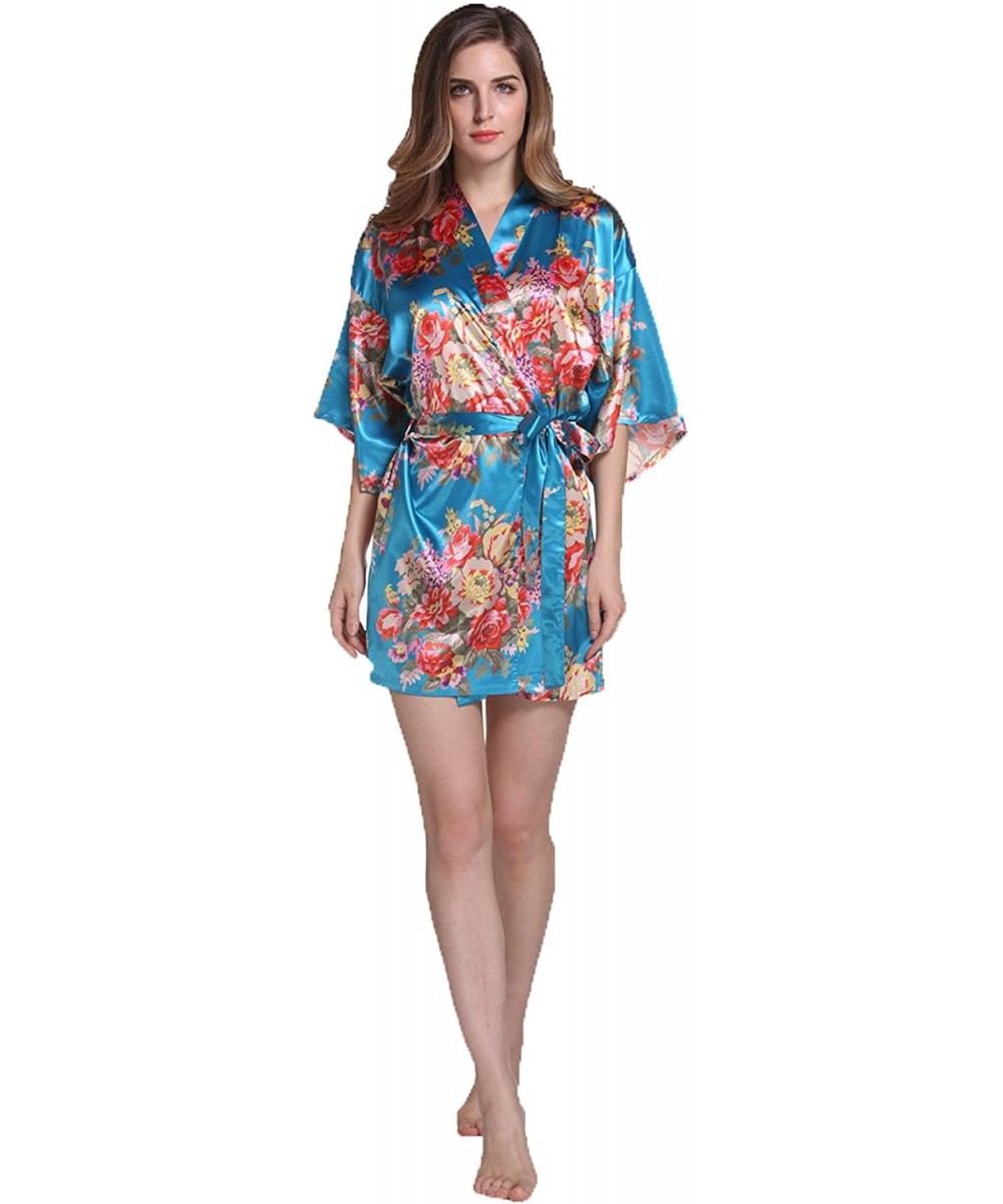 Nightgowns & Sleepshirts Short Robe Kimono - Floral Bouquets- Teal - CH18G6Q8HCN