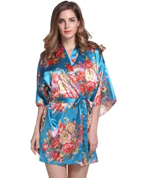 Nightgowns & Sleepshirts Short Robe Kimono - Floral Bouquets- Teal - CH18G6Q8HCN