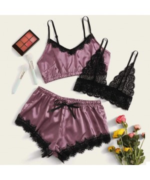 Sets 3pcs Women Sexy Lace Bra Stain Silk Camisole Pajamas Sleepwear Shorts Lingerie Set - Yellow - CP190HYOD3O