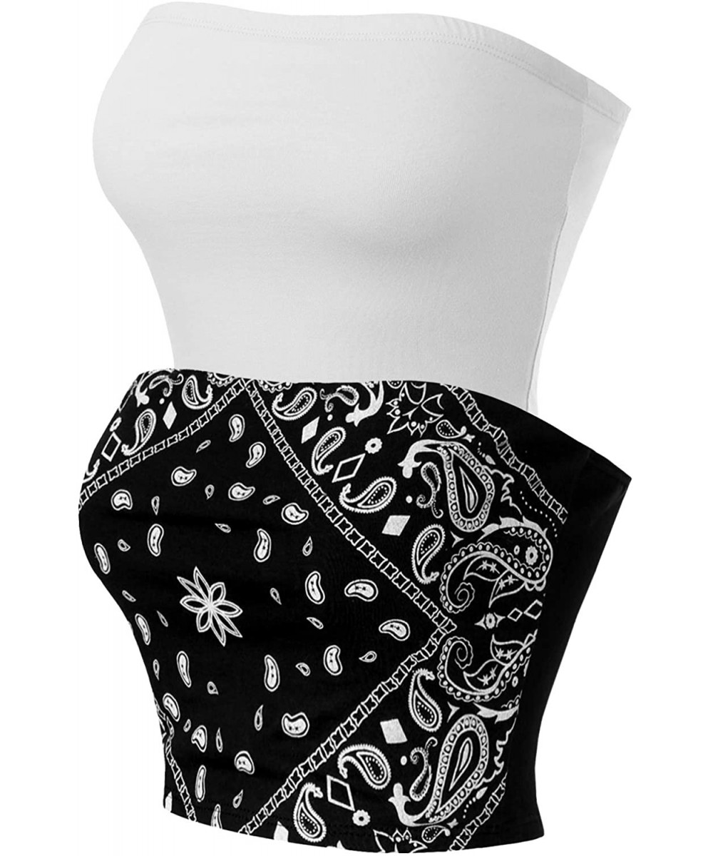 Camisoles & Tanks Women's Causal Strapless Double Layered Basic Sexy Tube Top - 2pack - Solid White/Bandana Black Print - C41...