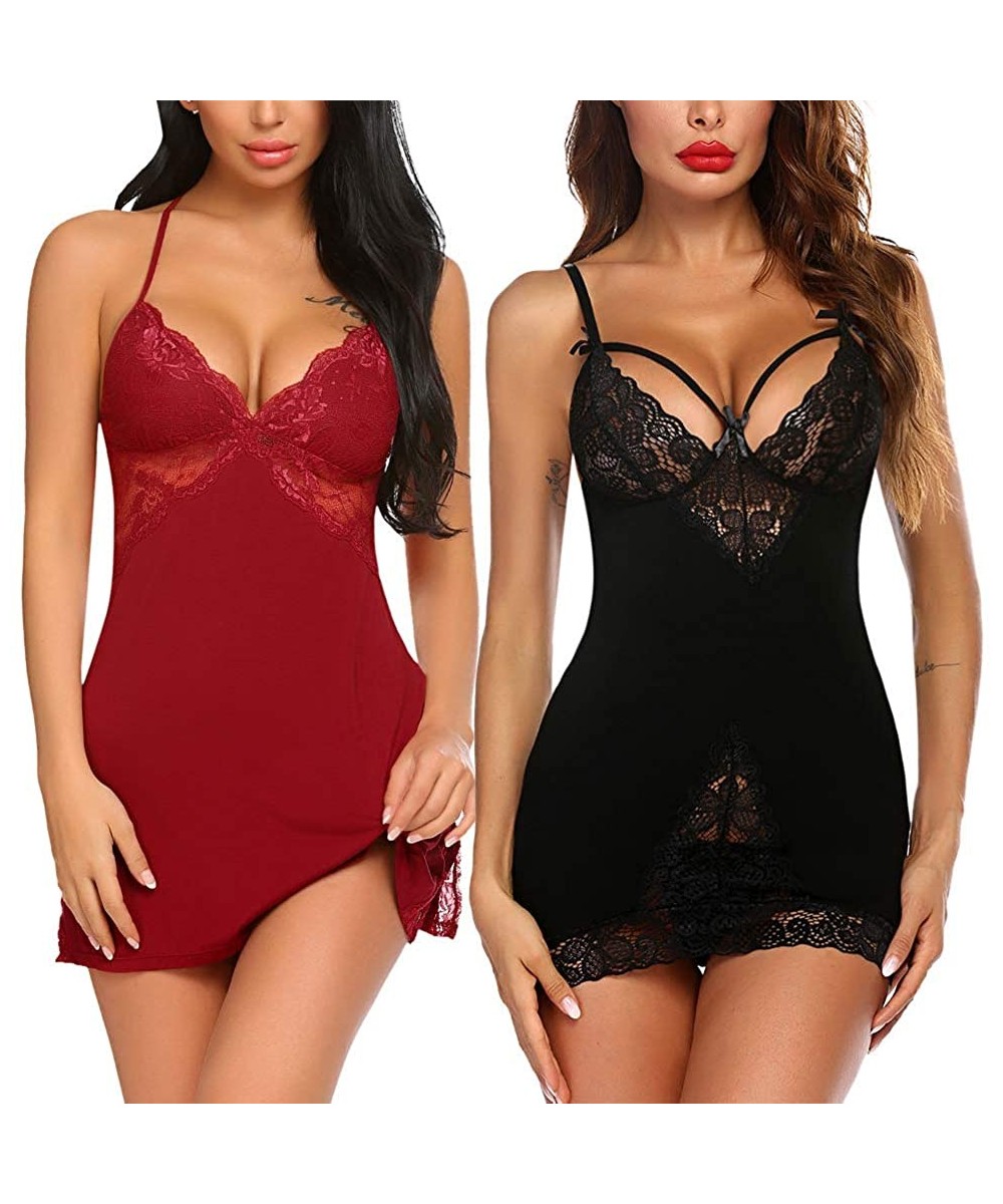 Slips Women Chemises Lingerie Lace Babydoll Sleepwear Sexy Full Slips Mini Dress 2 Pack - CY19E7N2RUT