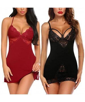 Slips Women Chemises Lingerie Lace Babydoll Sleepwear Sexy Full Slips Mini Dress 2 Pack - CY19E7N2RUT