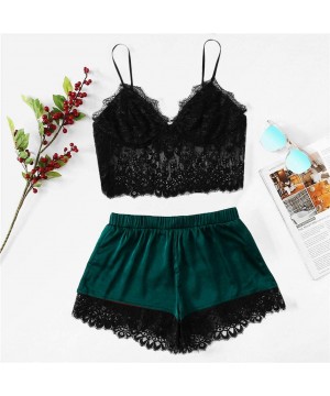 Robes Sexy Pajamas Set Women Lace Satin Cmai Top Shorts Lingerie Sleepwear Set Erotic Underwear Babydoll Nighties Green - C71...