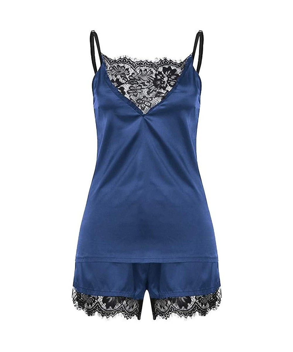 Sets Women Sexy Pajama Sets Lingerie Nightwear Lace Trim Cami and Shorts Two Piece Sleepwear - E-dark Blue - C319DWOD5QU