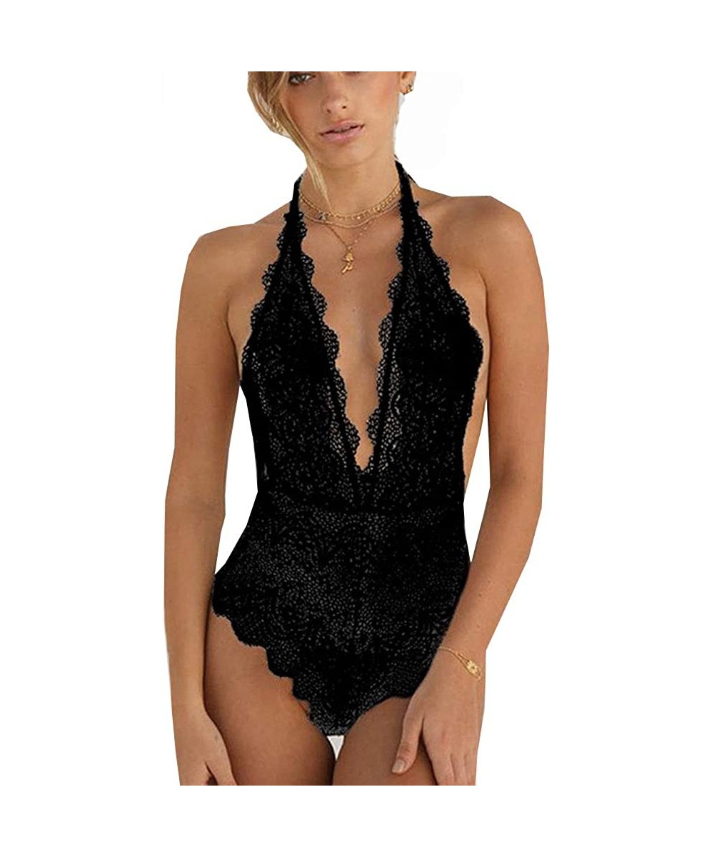 Baby Dolls & Chemises Halter Lace Bodystuit One Piece Babydoll Sexy Nightwear Jumpsuit Lingerie for Women - Black - CQ199U5RK8G