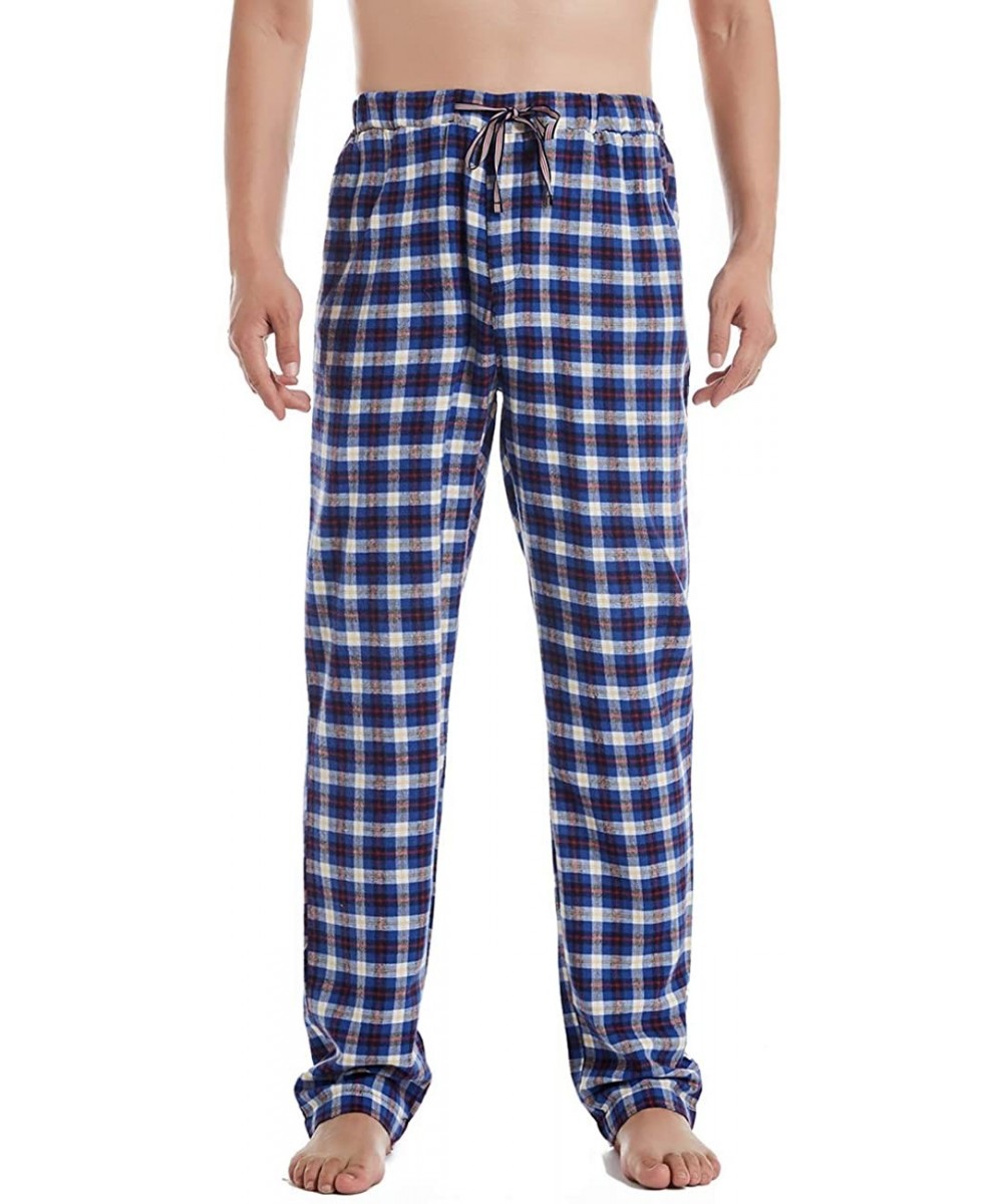 Sleep Bottoms Men's 100% Cotton Woven Flannel Lounge Sleep Pajama Pants Boxers Plaid Sleepwear - Blue White Plaid - CV18WD48NZH