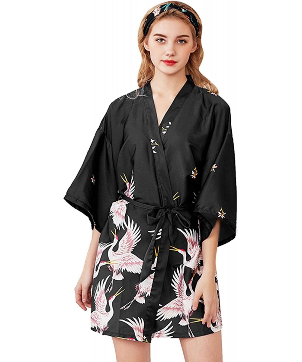 Robes Womens Simulation Silk Bathrobe Ladies Print Pajamas Lingerie Bride Dressing Gown Sleepwea - Black - CO190EC75KN