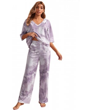 Sets Women's Tie Dye Printed Short Sleeve Tee Shirts with Pants Pajamas Set - Purple - C919C4HCYZ7