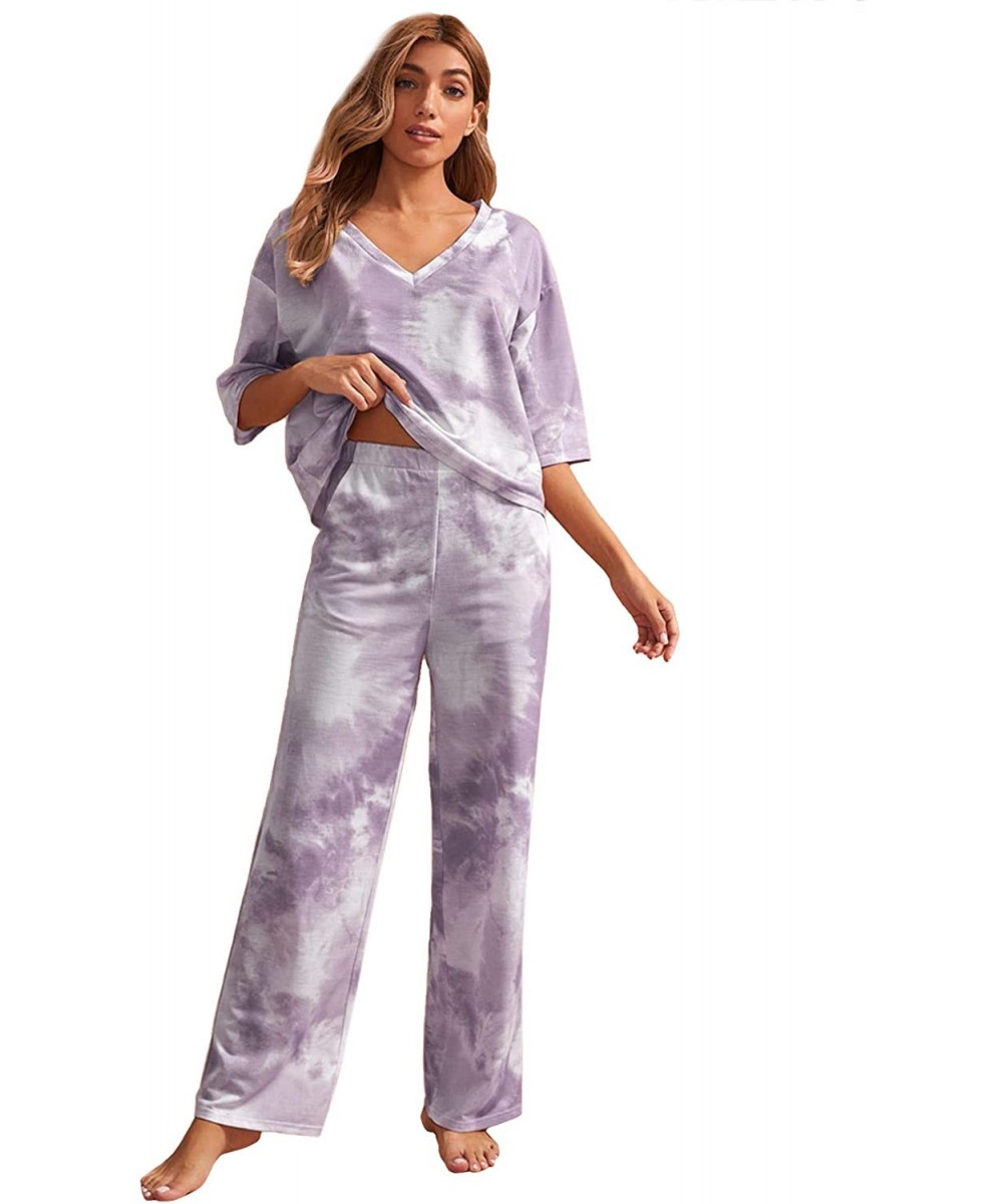 Sets Women's Tie Dye Printed Short Sleeve Tee Shirts with Pants Pajamas Set - Purple - C919C4HCYZ7