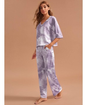 Sets Women's Tie Dye Printed Short Sleeve Tee Shirts with Pants Pajamas Set - Purple - C919C4HCYZ7