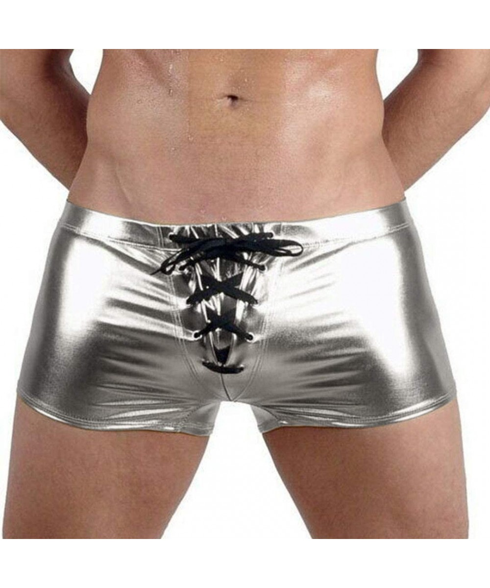 Boxer Briefs Men's Drawstring Metallic Boxer Shorts Underwear Briefs Swimsuit Trunks Underpants Swimsuit Trunks - Silver - C2...