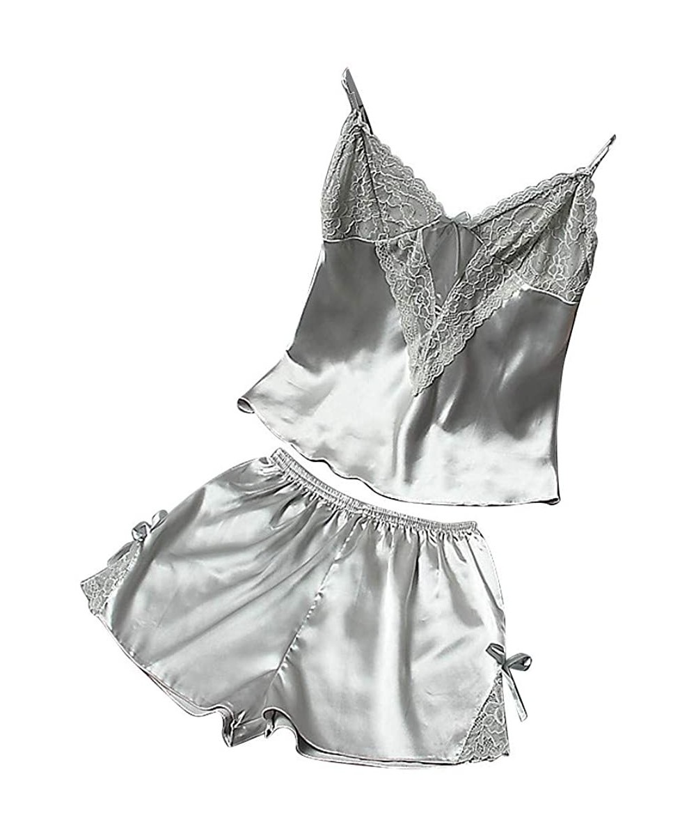 Nightgowns & Sleepshirts Womens Sexy Pajamas-Satin Sling Sleepwear Lingerie Lace Bowknot Camisole and Shorts - Gray - C118T29...