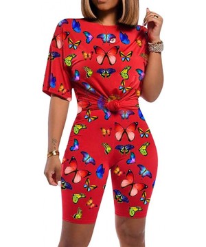 Sets Womens 2 Piece Set Casual Outfit Printed Tracksuit Short Sleeve T Shirt Yoga Bodycon Short Pants Sportswear Set - C red ...