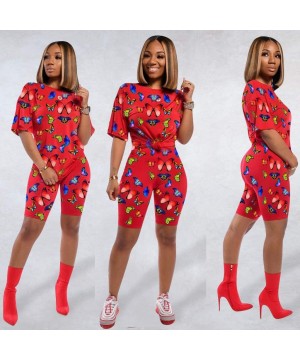 Sets Womens 2 Piece Set Casual Outfit Printed Tracksuit Short Sleeve T Shirt Yoga Bodycon Short Pants Sportswear Set - C red ...