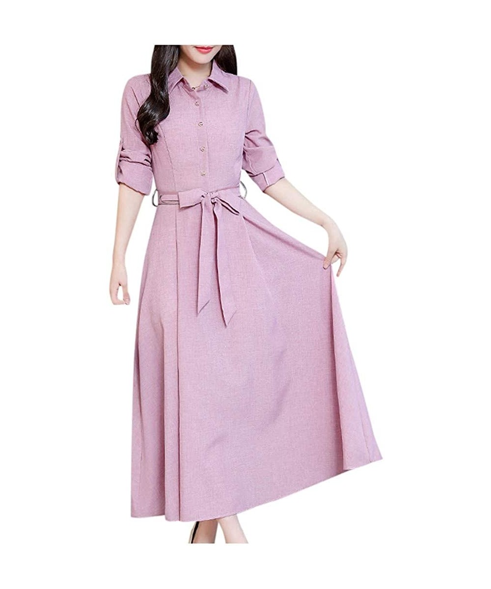 Nightgowns & Sleepshirts Elegant Dresses for Women Pure Long Sleeve Belt High-Waist Long Boho Dress Button Dress - Pink - C91...