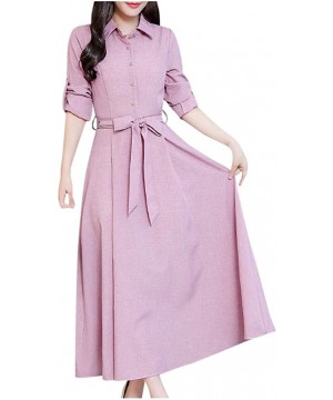 Nightgowns & Sleepshirts Elegant Dresses for Women Pure Long Sleeve Belt High-Waist Long Boho Dress Button Dress - Pink - C91...