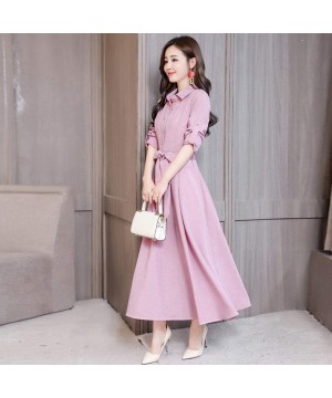 Nightgowns & Sleepshirts Elegant Dresses for Women Pure Long Sleeve Belt High-Waist Long Boho Dress Button Dress - Pink - C91...